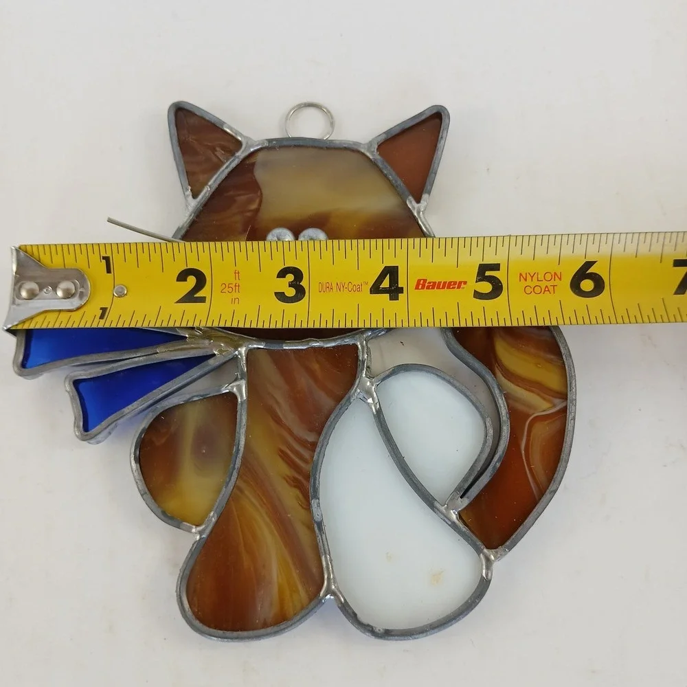 Stained Glass Window Suncatcher Cat Brown White Blue Scarf Hanging Handmade